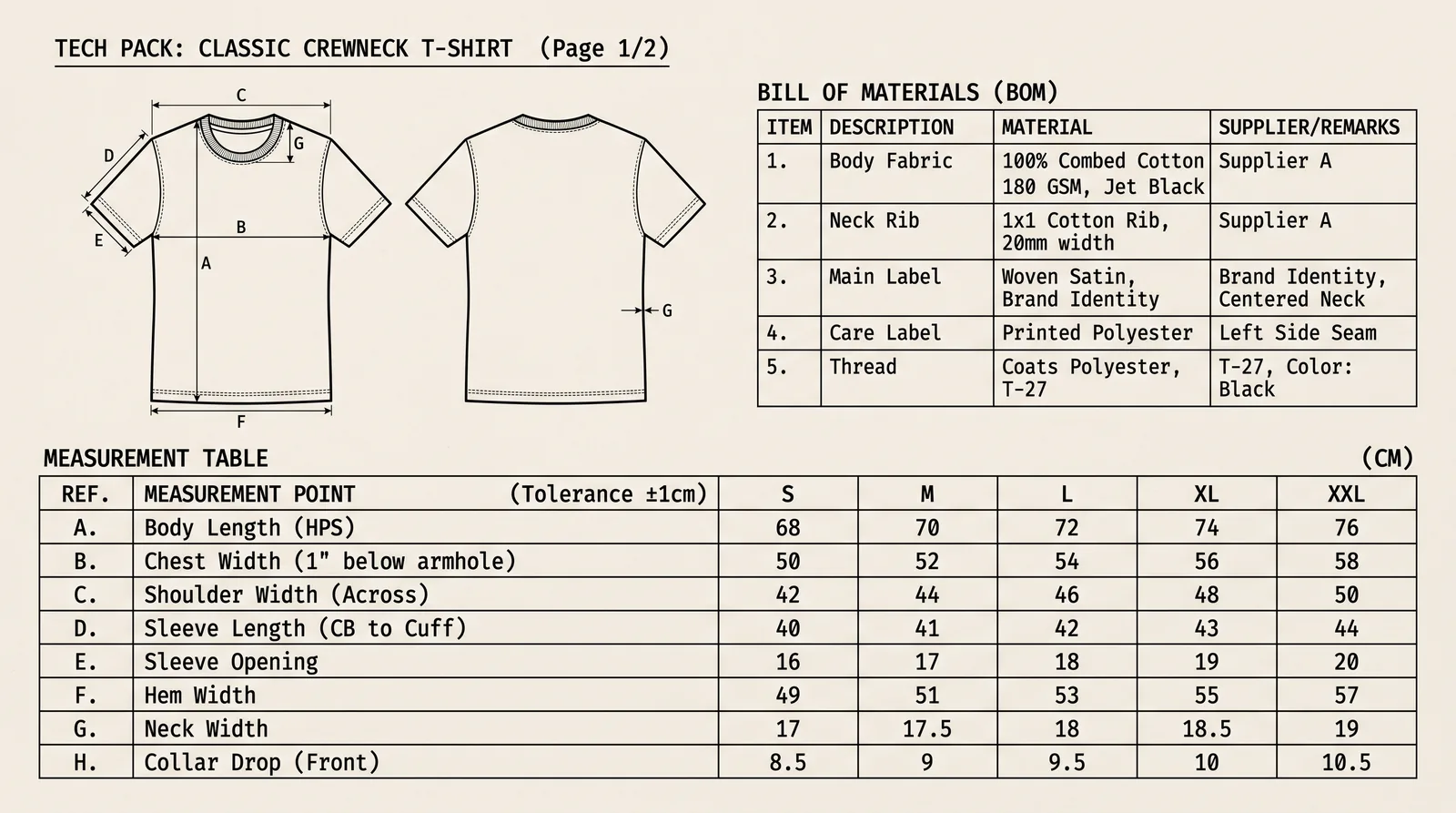 Ejemplo de ficha técnica de camiseta con dibujo plano, lista de materiales y tabla de medidas