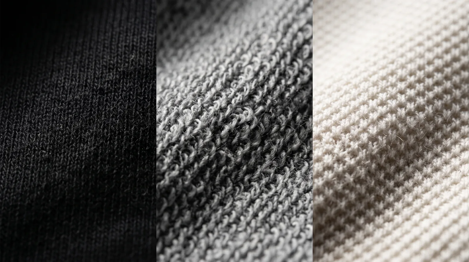 Macro de tres tejidos de punto: jersey liso, french terry de bucles y piqué en relieve