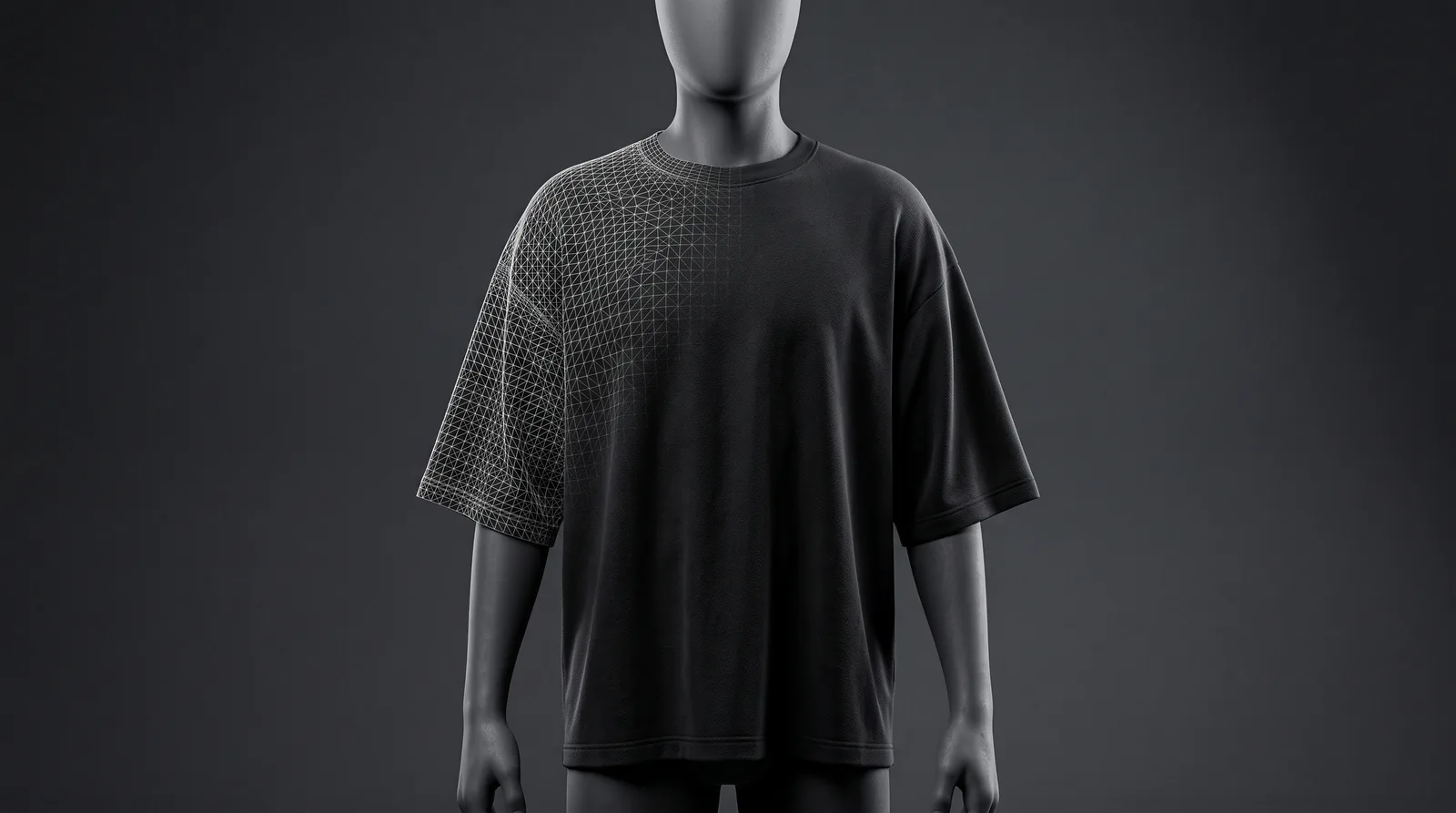 Prototipo digital 3D de una camiseta sobre maniquí virtual con malla de simulación visible